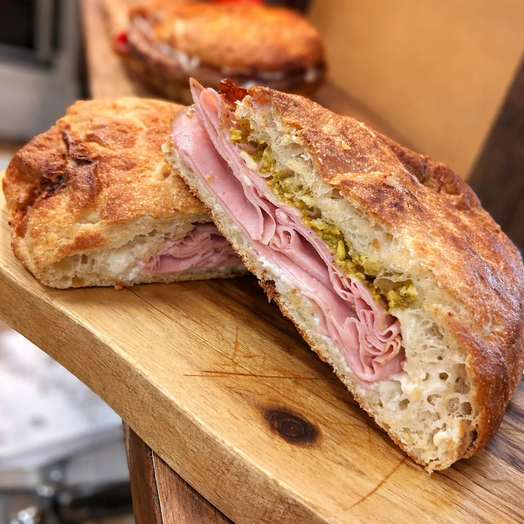 Panino con mortadella e formaggio servito